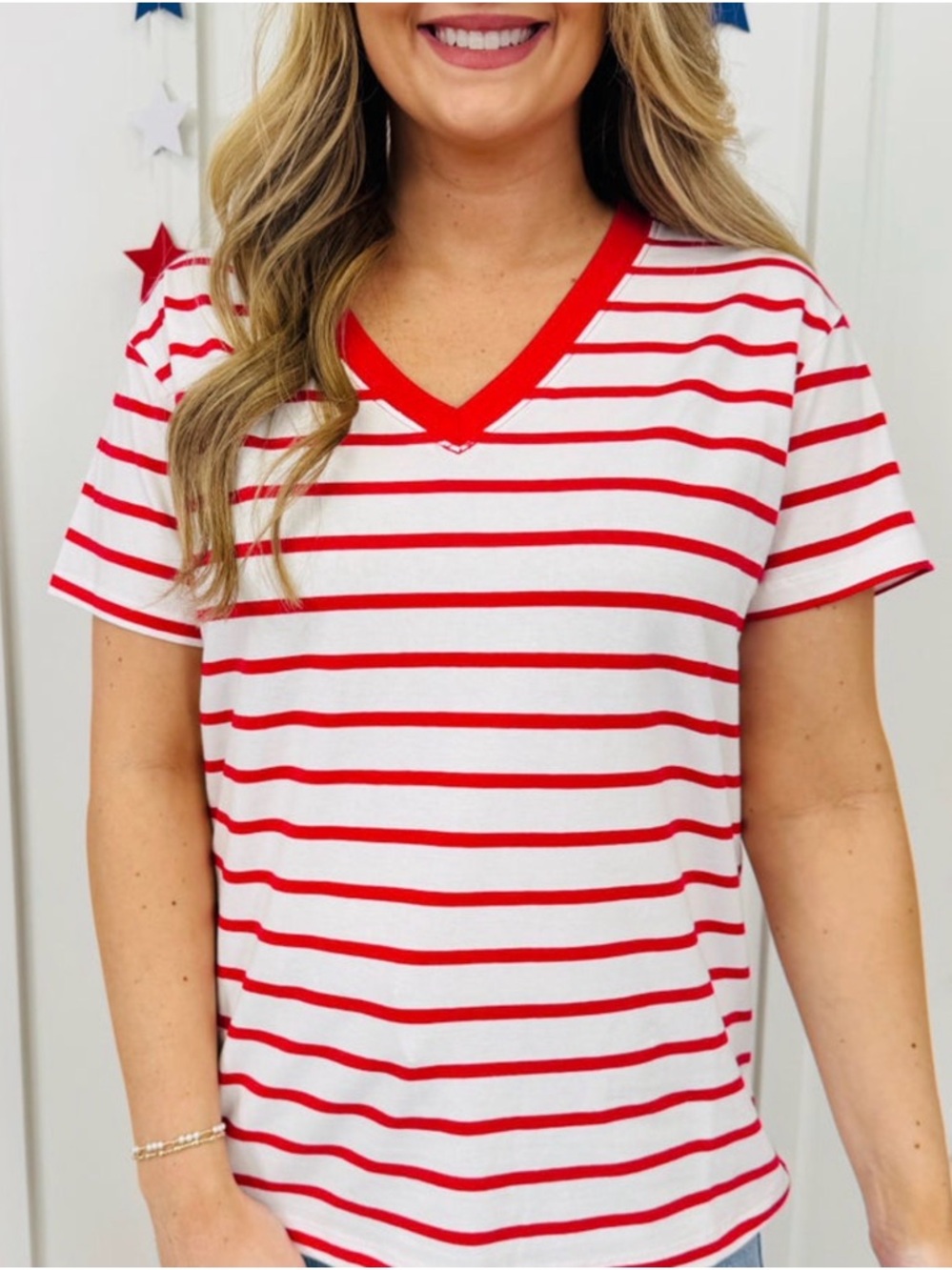 Zenana Outfitters Red & White Striped V-Neck Short Sleeve Tee